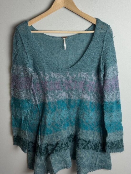 Free People Sweaters - Free People Alpaca Wool Blend Striped Knit Sweater Teal Purple Boho Size Small
